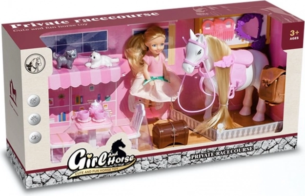 Set de joacă cu păpușă, căluț și pisoiași