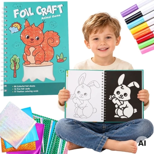 Set creativ Woopie cu colaj cu folie și planșe de colorat Lumea animalelor, 121 de piese