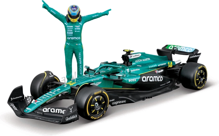Model Formula 1 Bburago Aston Martin AMR25 2025 cu figurina pilotului Fernando Alonso (nr. 14) 1:24
