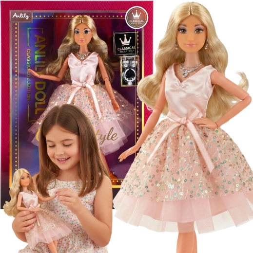 Păpușă Woopie Royal Lily cu păr lung blond și rochie roz, 30 cm