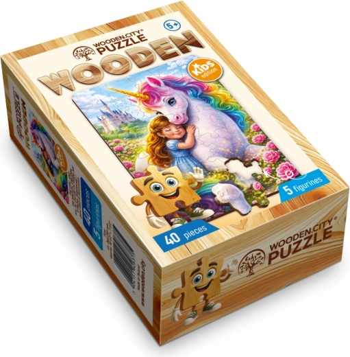 Puzzle din lemn Wooden City Fată cu unicorn magic, 40 de piese