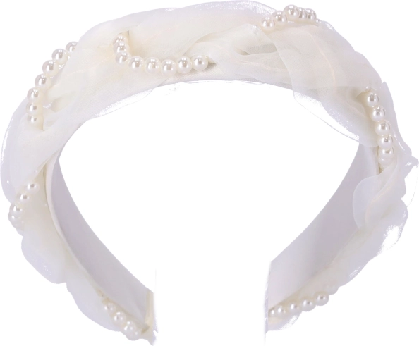 Bentiță satinată pentru păr - albă cu perle