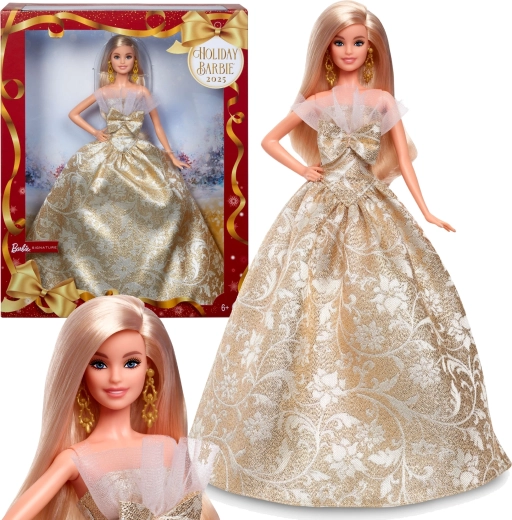Păpușă de colecție Barbie Signature Holiday Joyeux Noel în rochie aurie