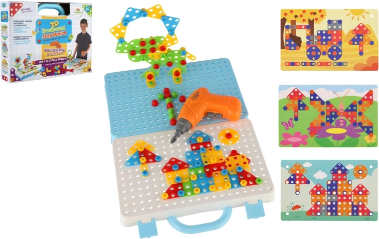 Set de construcție creativ 3D cu șuruburi, în valiză, cu bormașină și șabloane