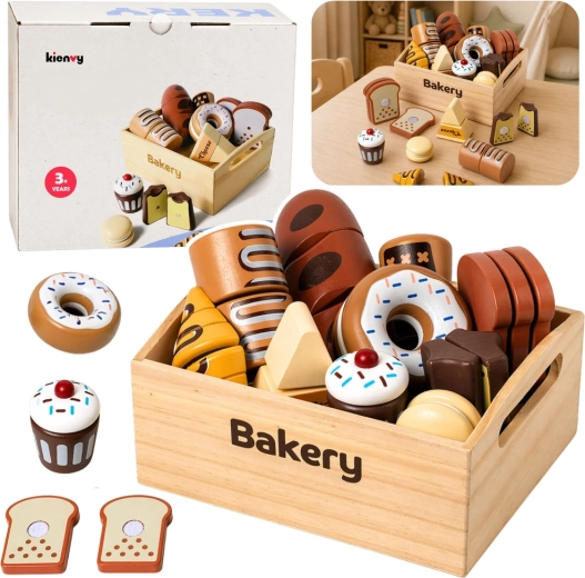 Mini brutărie din lemn – set de produse de patiserie cu velcro în lădiță (10 buc.)