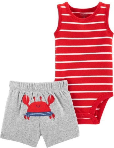 Set de vară Carter’s pentru băieți – body maiou și pantaloni scurți Red Stripe Crab, măr. 56