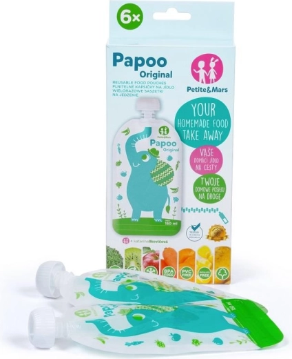 Petite&Mars punguțe reutilizabile pentru mâncare Papoo elefant 150 ml (6 buc)