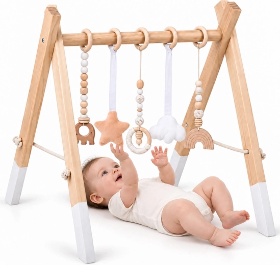 Grădiniță din lemn Baby Gym cu 5 jucării suspendate pentru bebeluși