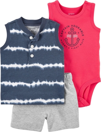 Set de vară Carter’s din 3 piese pentru băieți – body tip maiou, tricou fără mâneci și pantaloni scurți, albastru (măr. 62 / 3 luni)