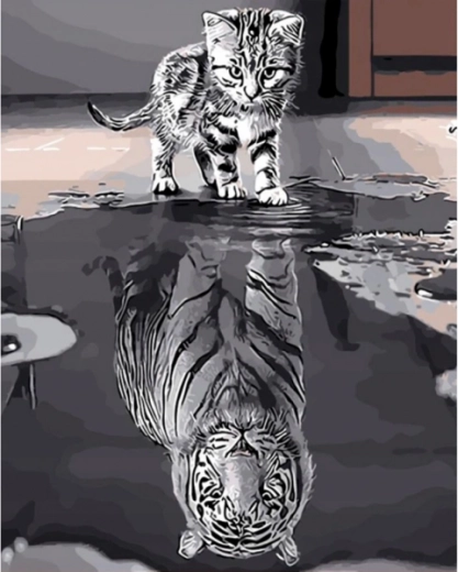 Broderie cu diamante (diamond painting) reflexie în oglindă – pisoi și tigru - 1 bucată