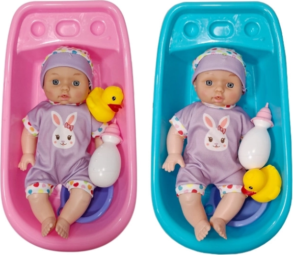 Păpușă bebeluș care urinează, cu cădiță și accesorii