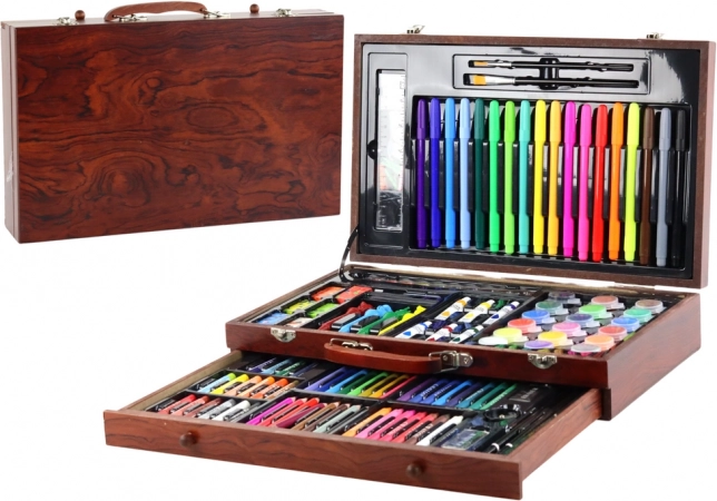 Set artistic într-o valiză de lemn 123 piese