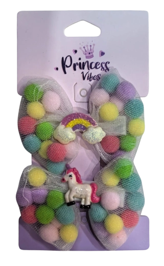 PINK set de agrafe de păr mari cu pompoane și unicorn, 2 buc.