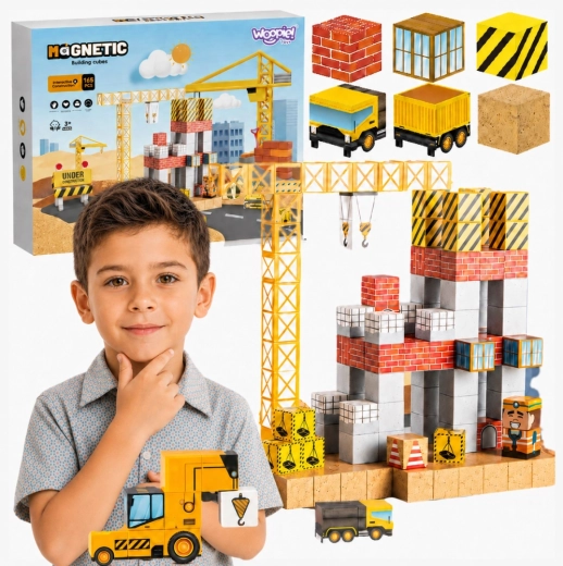 Woopie cuburi magnetice 165 buc. – set de construcție șantier cu macara și excavator 3D