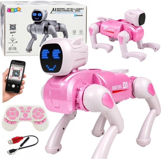 Câine robotizat interactiv AI cu telecomandă și Bluetooth, roz