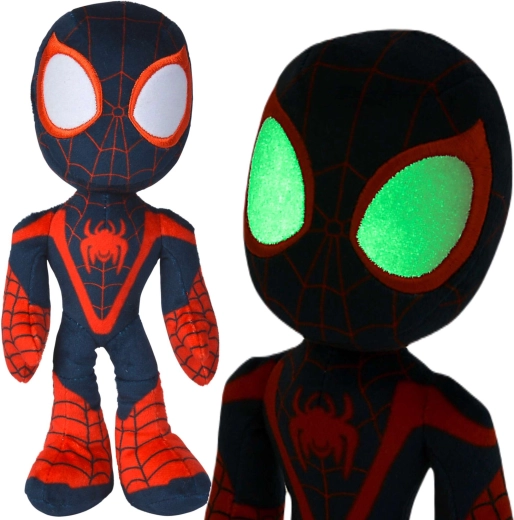Spider-Man Miles Morales din pluș, cu ochi care luminează în întuneric, 25 cm