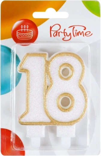 Lumânare pentru tort pentru a 18-a aniversare, albă cu margine aurie, 7,5 cm
