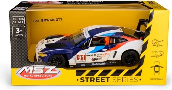 Model de mașină de curse BMW M4 GT3 la scara 1:24, albastru-alb
