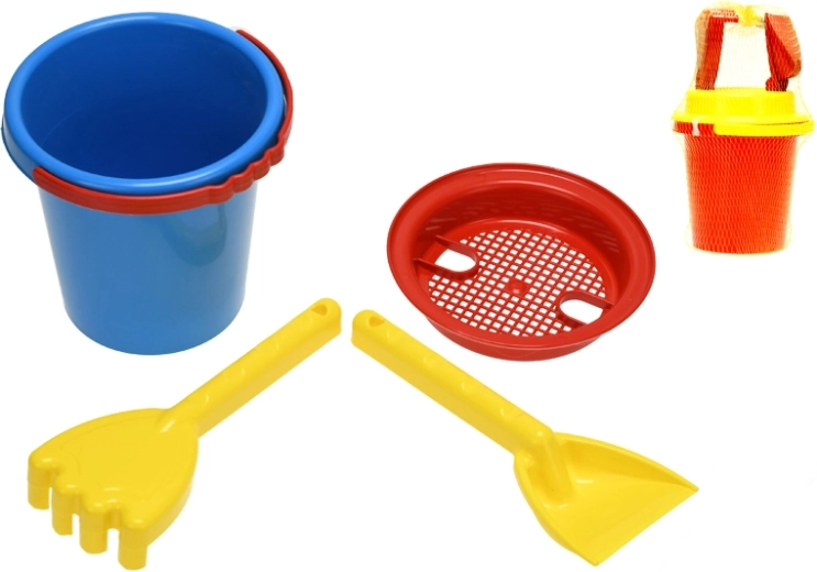 Set pentru nisip pentru copii în plasă (găleată, sită, lopățică, greblă) 14 cm
