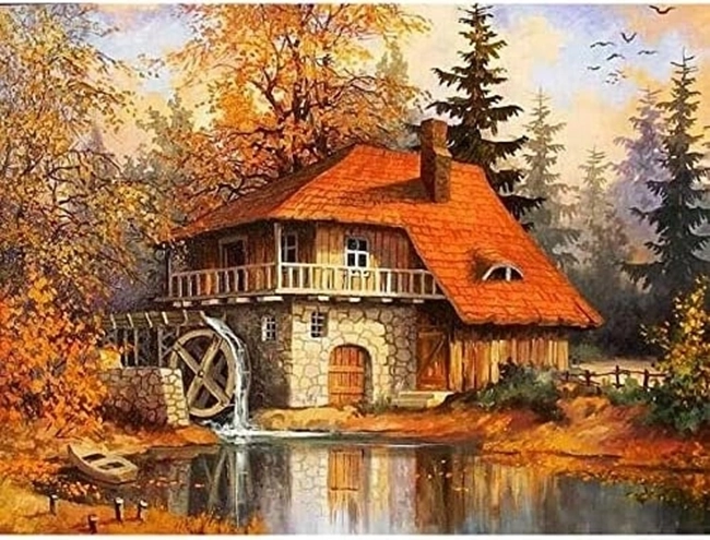Pictură cu diamante căsuță cu moară în toamnă 30 × 40 cm