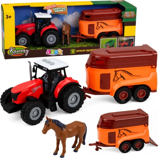 Tractor cu remorcă pentru transportul cailor, cu lumini și sunete (3 piese)