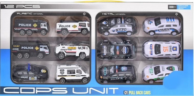 Set de mașinuțe de poliție 12 buc cu rulare liberă și mecanism pull-back