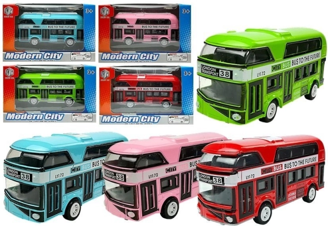 Autobuz etajat cu mecanism pull-back – model metalic în 4 culori