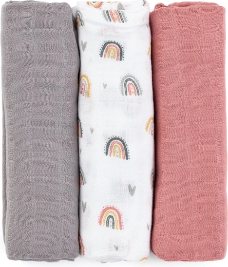 Scutece muselină din bambus 3 bucăți Moussy Rose Rainbows 68 × 68 cm PETITE & MARS
