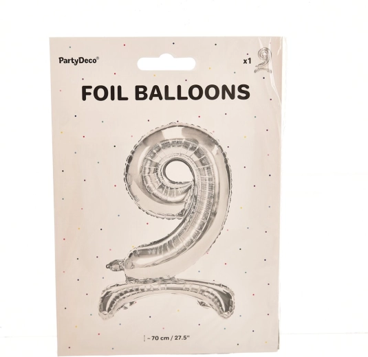 Balon din folie, tip stătător, cifra 9, argintiu, 70 cm