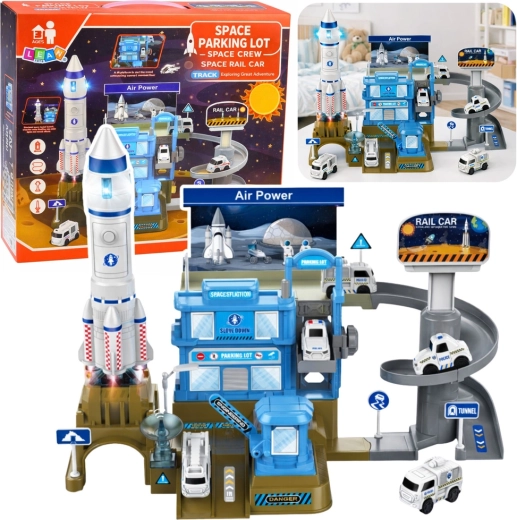Stație spațială interactivă cu rachetă și parcare pe mai multe niveluri, cu lumini și sunete