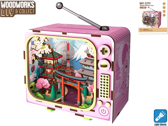 Set de construcție din lemn Woodworks Muntele Fuji cu iluminare, 129 de piese