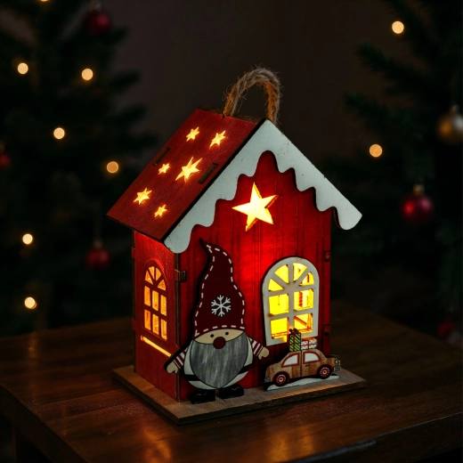 Decorațiune LED de Crăciun, căsuță cu spiriduș, roșie - 1 bucată