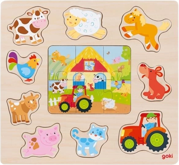 Puzzle și joc de inserție din lemn Goki cu animale de la fermă