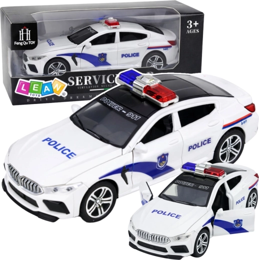 Mașină de poliție cu lumini și sunete, uși care se deschid, albă