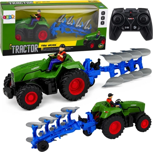 Tractor agricol RC verde cu plug și fermier 1:24