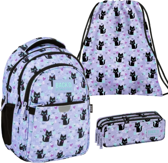 Set școlar BackUP Magic Cats 3 în 1 – rucsac, penar și săculeț