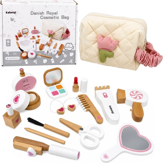 Set din lemn de machiaj pentru copii cu gentuță cosmetică matlasată (16 piese)