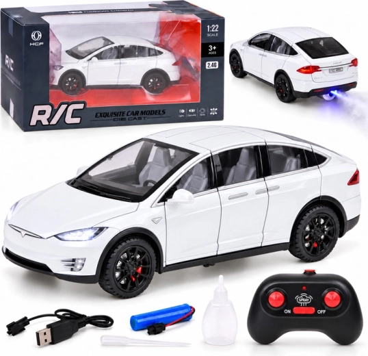Mașină RC Tesla Model X cu telecomandă, la scara 1:22, cu iluminare LED și efect de fum