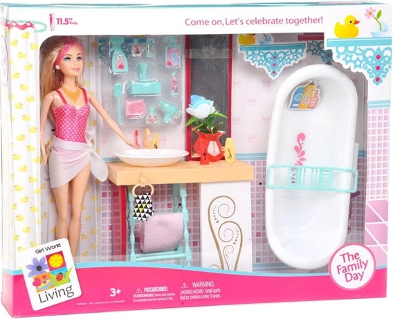Păpușă cu mobilier de baie și accesorii