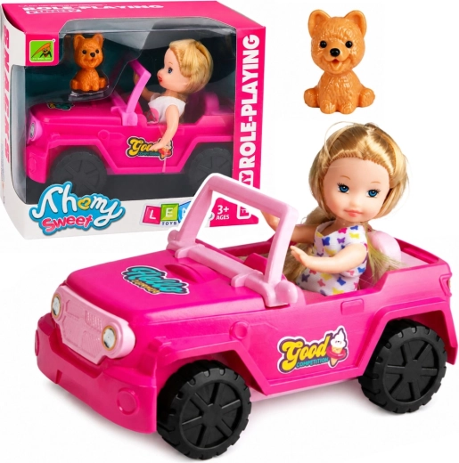 Mini păpușă într-un cabriolet roz de teren cu un cățel