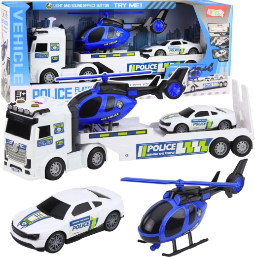 Camion de transport polițienesc cu autotransportor, mașină și elicopter, cu lumini și sunete