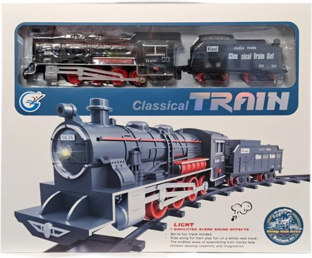 Cale ferată clasică pe baterii cu locomotivă cu abur și vagon