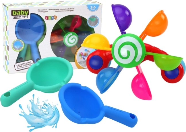 Jucărie rotativă pentru baie cu boluri colorate și două linguri