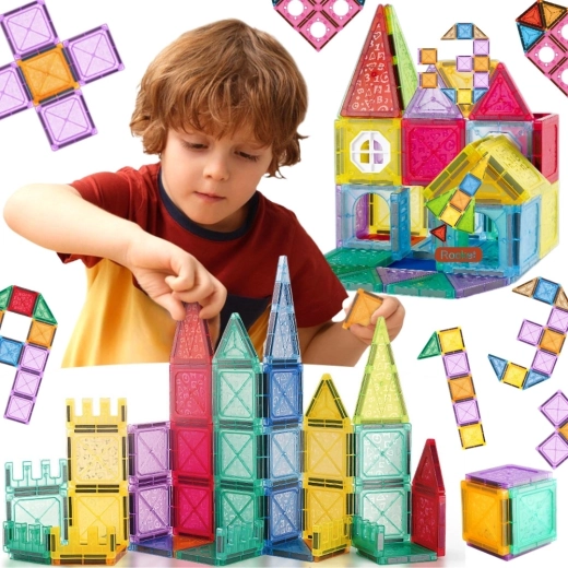 Set de construcție magnetic Woopie 3D cu castel și vehicule, 110 piese