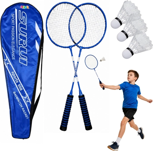 Set de badminton cu 2 rachete, 3 fluturași și husă – albastru