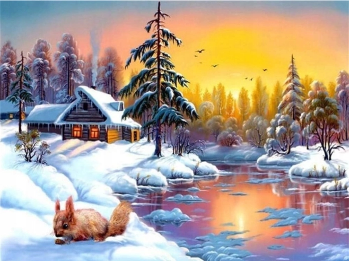 Norimpex pictură cu diamante casă de iarnă lângă lac cu veverițe 30 × 40 cm