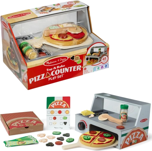 Melissa & Doug pizzerie din lemn – tejghea de pizza cu cuptor și accesorii (41 piese)