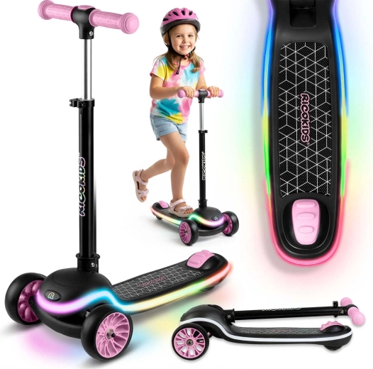 Trotinetă de echilibru pentru copii cu trei roți, cu iluminare LED RICOKIDS Leddi – negru‑roz