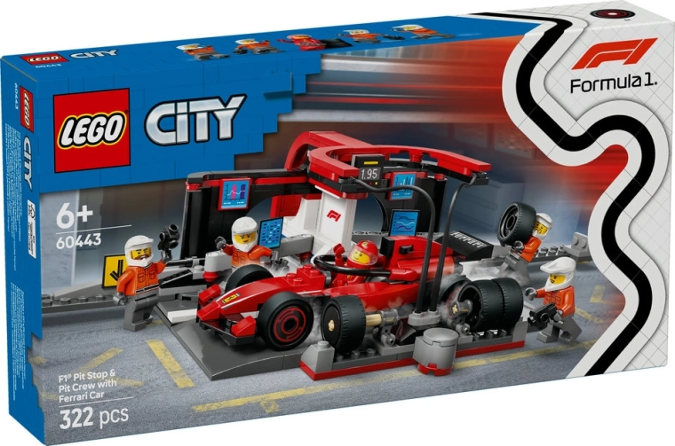 LEGO City F1 pit stop și mecanici cu monopostul FERRARI