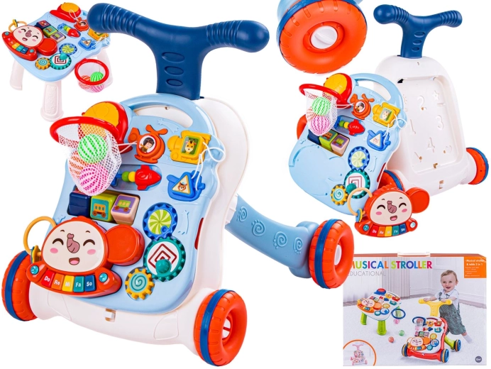 Premergător educativ interactiv și împingător muzical 2-în-1 cu măsuță alb-albastru